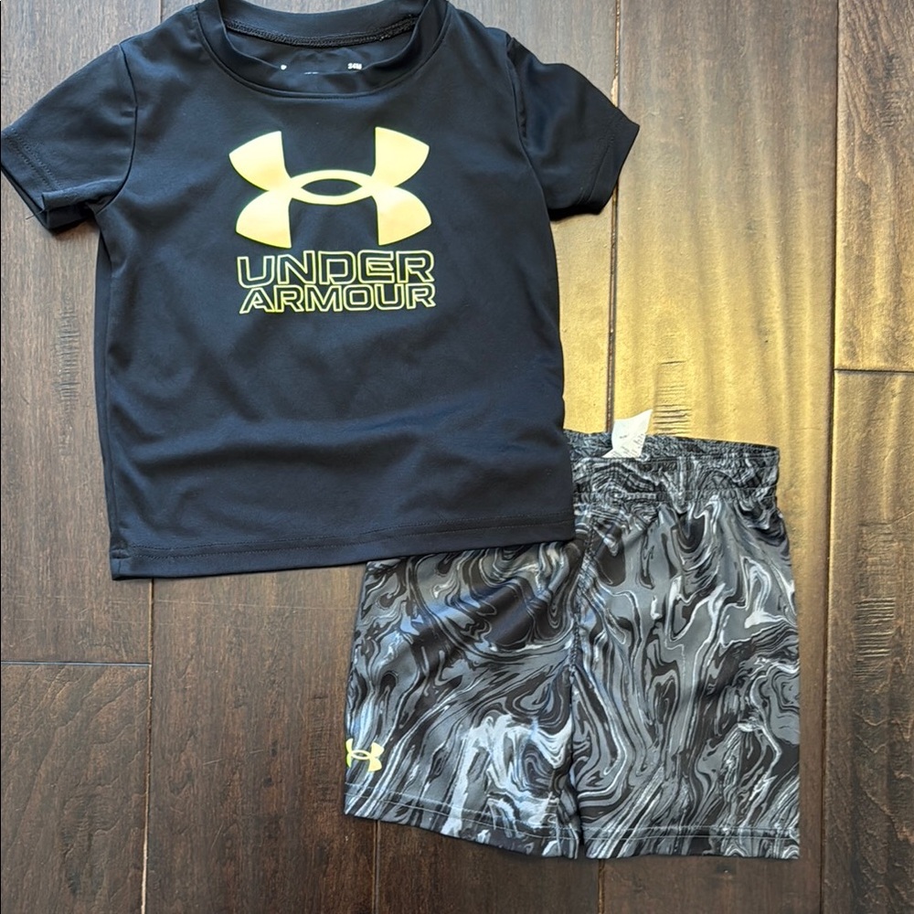 Toddler Boys Under Armour Black Tee with Neon Yellow Logo and matching shorts!